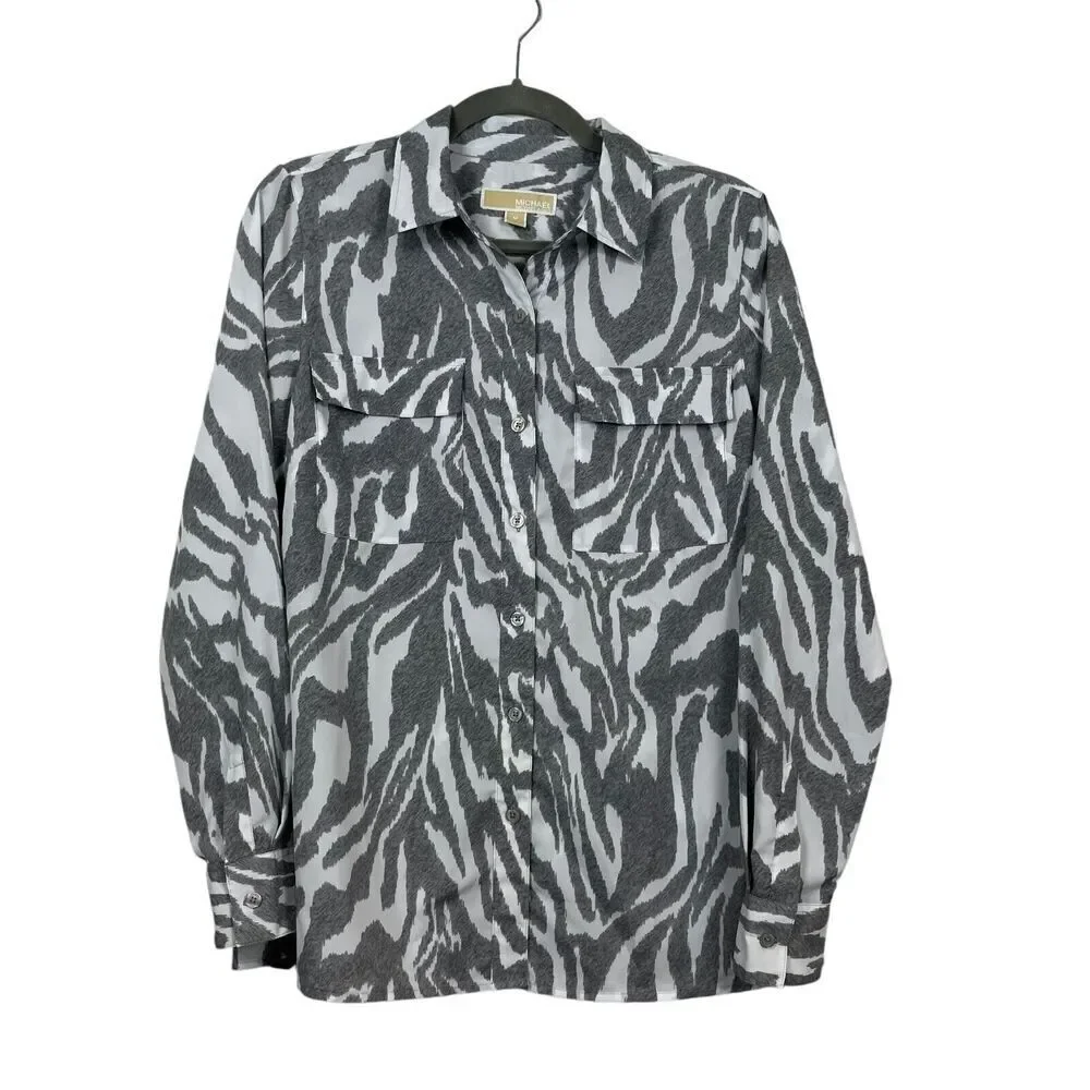 Michael Kors Top Womens Medium Gray White Tiger Print Button Down Mob Wife Y2K